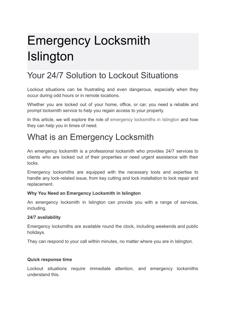 emergency locksmith islington