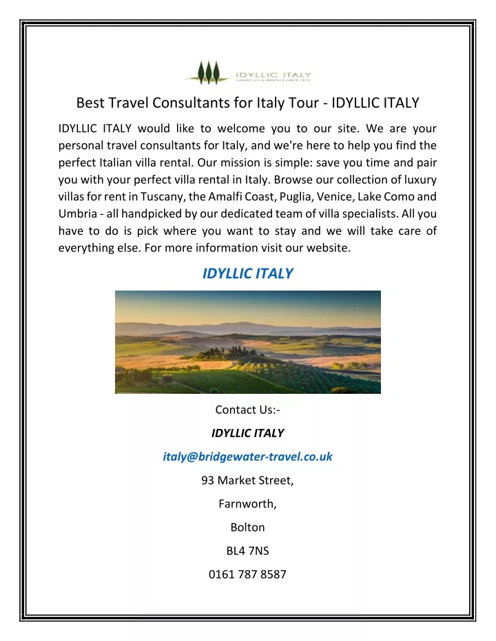 best travel consultants for italy tour idyllic