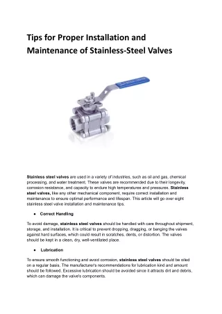Tips for Proper Installation and Maintenance of Stainless-Steel Valves