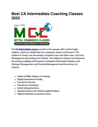 Best CA Intermediate Coaching Classes 2023