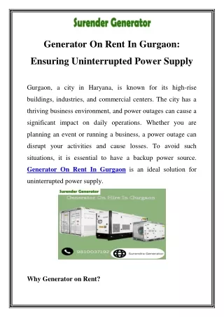 Generator On Rent In Gurgaon Call-9810037192